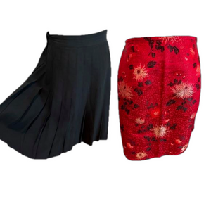 80s LOT OF 2 HENRI BENDEL MINI SILK SKIRTS HGH WAISTED BLACK PLEATED & RED ASIAN